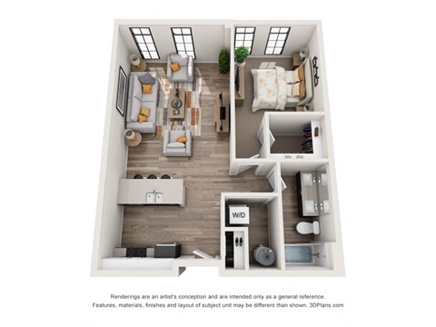 Floor plan for 1 bed, 1 bath, 762 sqft